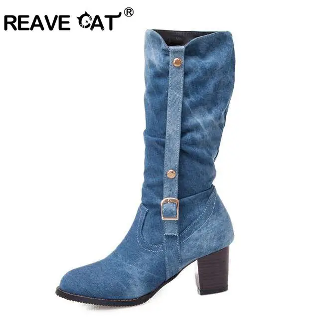 REAVE CAT/большие размеры 46 сапоги до середины икры женские зимние ковбойские