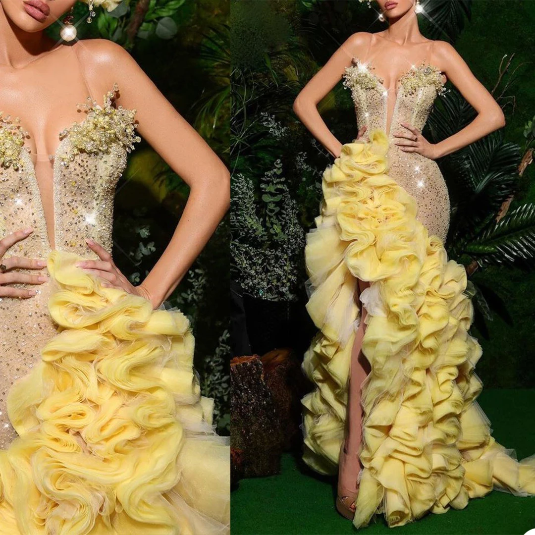 

Beaded Yellow New Evening Dresses Deep V Neck Appliques Strapless A Line Prom Dress Slim Fit Special Occasion Party