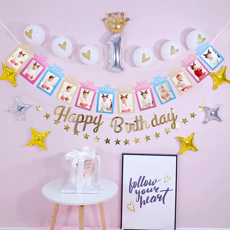 

12 Months Photo Frame Banner First Happy Birthday Pull Flag Boy Girl Baby Shower 1st Birthday Party Decor Supplies