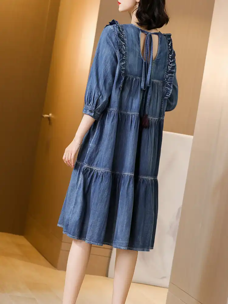 Tiyihailey Free Shipping New Three Quarter Knee Length Denim Dresses One Piece Women Vintage Embroidery Dress S Xl Jeans Dresses Aliexpress