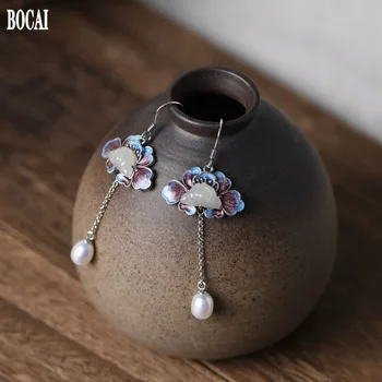 

BOCAI New100% real S925 pure silver fashion woman silver earrings cloisonne jade peony flower earrings for women Pearl earrings