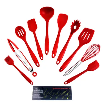 

Silicone Cookware Gadget 10 Piece Set Food Grade Material Multifunction Black Red Suit Non-Stick Pan