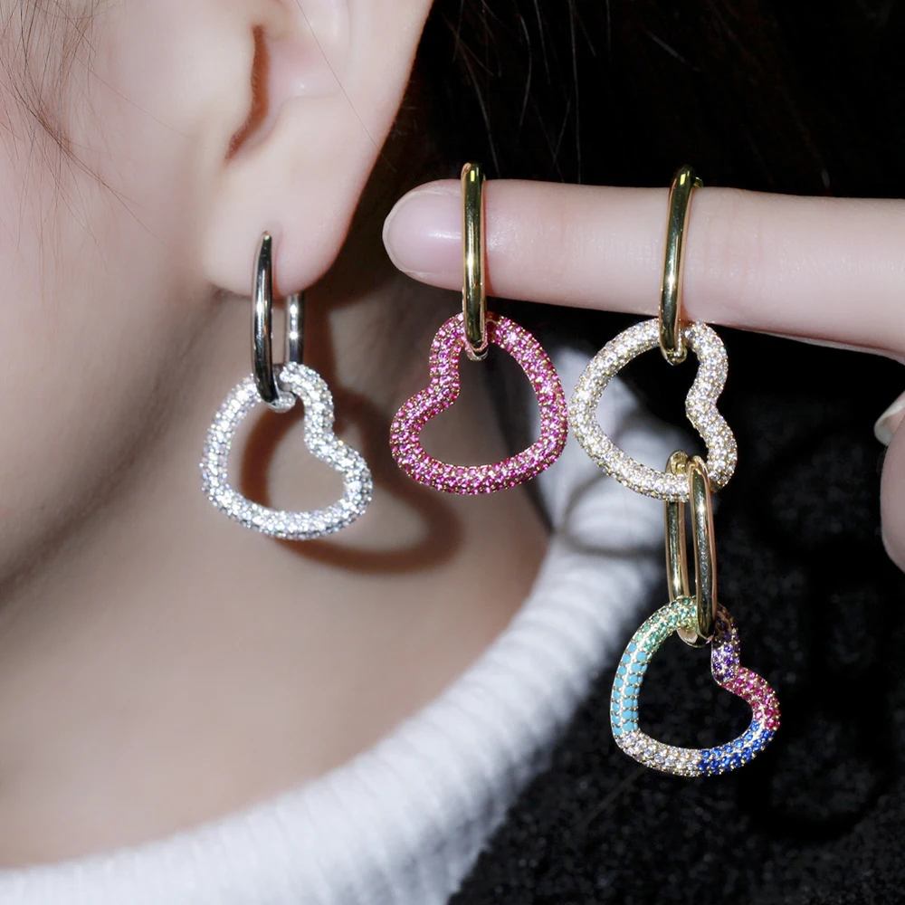 ThreeGraces 1 Pair Fashion Gold Color Multicolor Cubic Zirconia Dangling Love Heart Shape Hoop Earring Women Chic Jewelry ER564