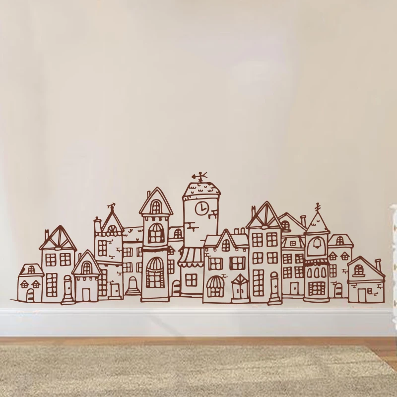 Large Scandinavian Style Cute Village City Wall Sticker Bedroom Sofa Nordic Scandi Town Wall Decal Living Room Nursery Vinyl Art (1)