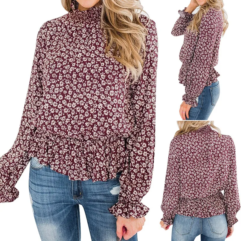 2020 New Fashion Floral Chiffon Shirt Loose Casual Spring Turtleneck Pullover Slim Elastic Waist Elegant |