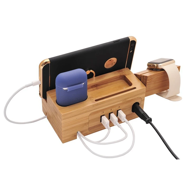 

Natural Bamboo Bracket for Apple Watch Charging Dock Stand Cradle 3 USB Port Phone Holder For iPhone Samsung Charger for Airpod