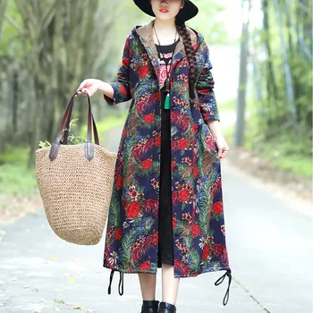 

New Long Autumn Winter Coat Plus Size Winter Coat Cotton-Padded Printing Caps Easy Long Loose Female Jacket Coat #1023