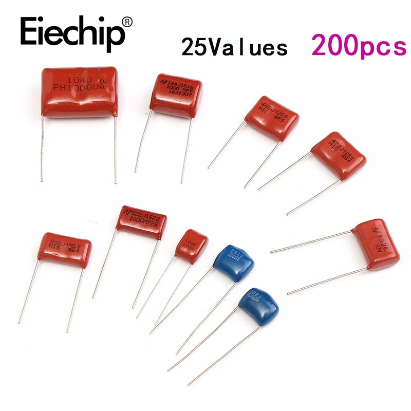 200pcs 630V 0.001uf 2.2uf Metal Film Capacitors Assortment Kit 25Values High Frequency Capacitor