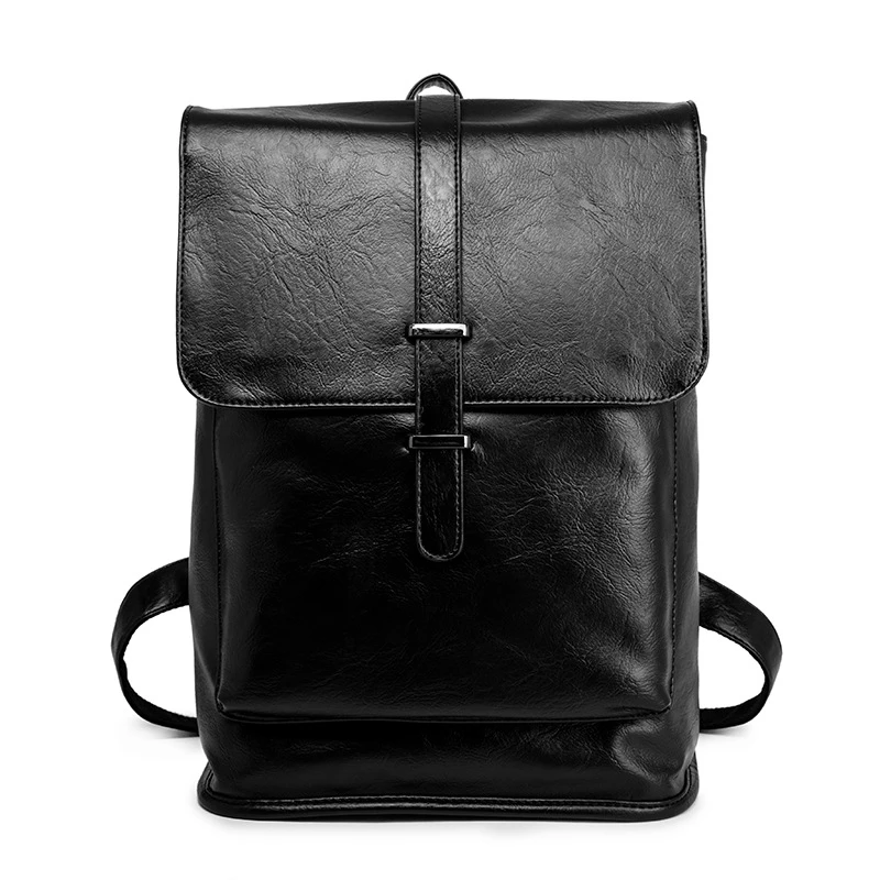 

FGGS-Vintage Black Men Backpack PU Leather Waterproof Male Backpack with Double Belt Mochila Travel Bag Man Laptop Boy School Ba