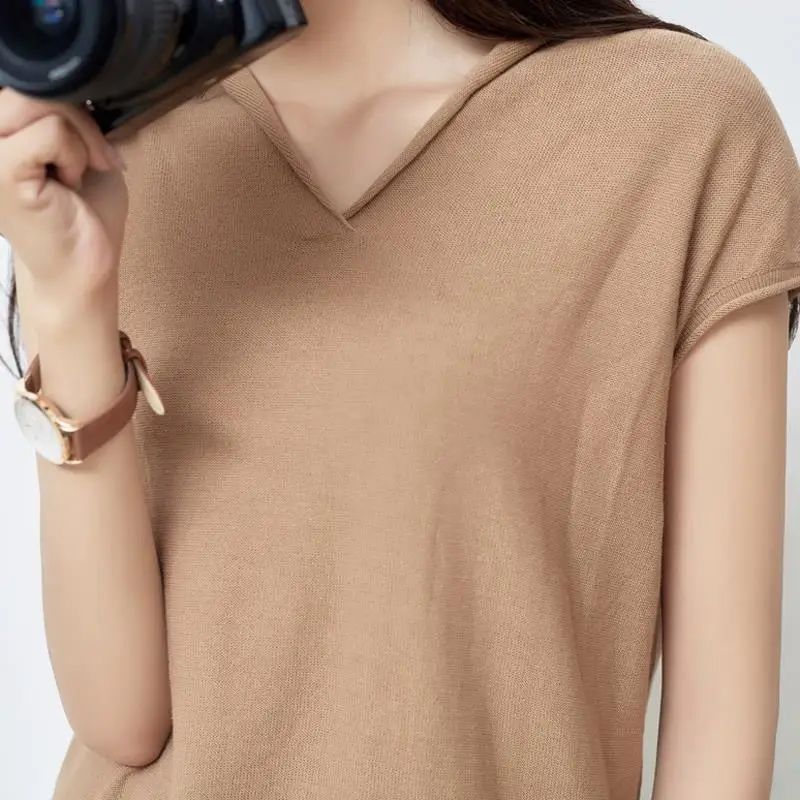 JULY'S SMTWB 2020 New Summer Women Pullovers Sweater V-neck Loose Short-sleeved Solid Color Shirt | Женская одежда