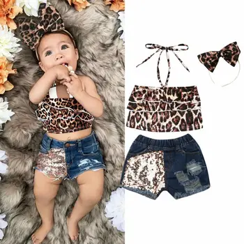 

3pcs Kids Girls Clothing Set Leopard Sling Girls Tops Hole Short Jeans Girls Headband Set Casual Children Outfits Infant Sets