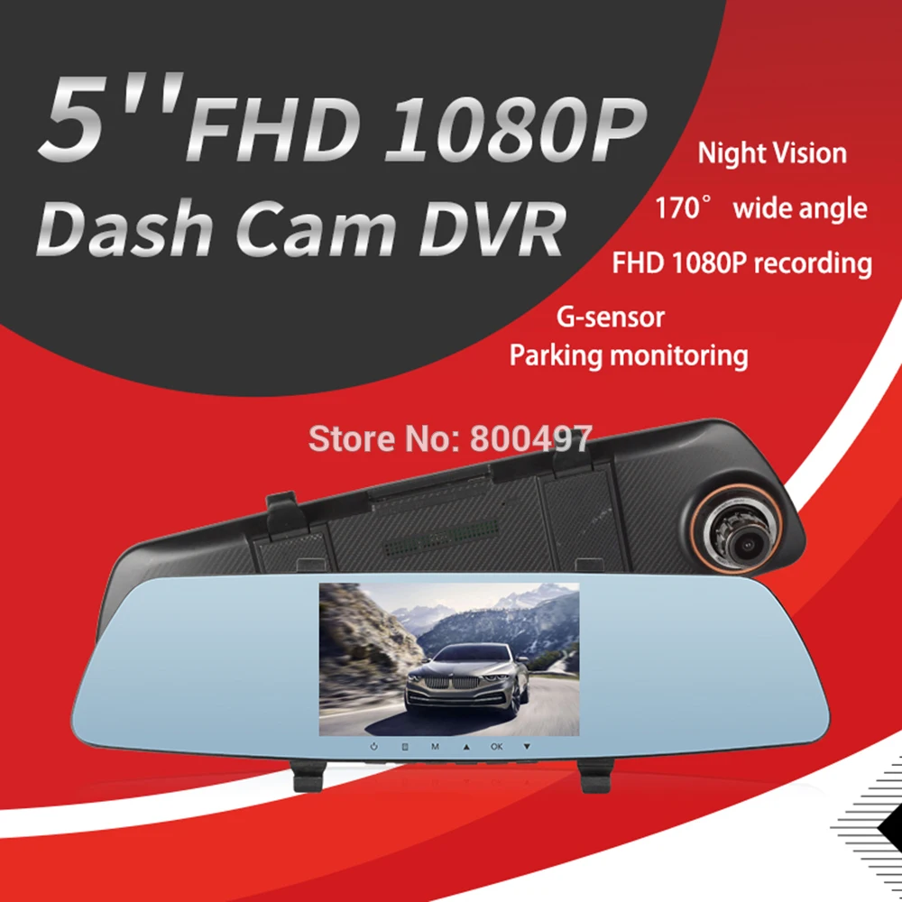 En el automóvil HD 1080P 5.0/" Espejo retrovisor monitor Dash Cámara grabadora doble lente de cámara