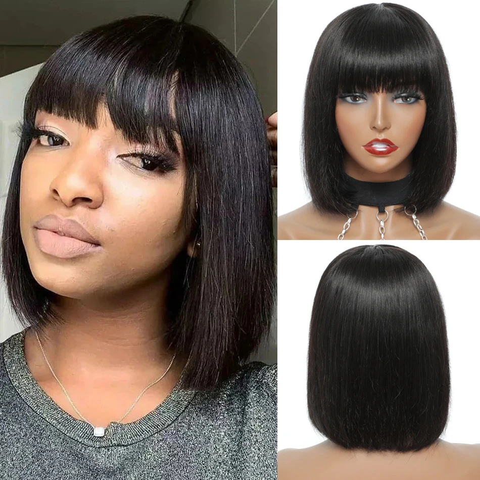 

Straight Bob Wig with Bangs Cheap Human Hair Wigs with Bangs for Black Women Peruvian Full Machine Wigs 8-14inch Remy Hair #1B
