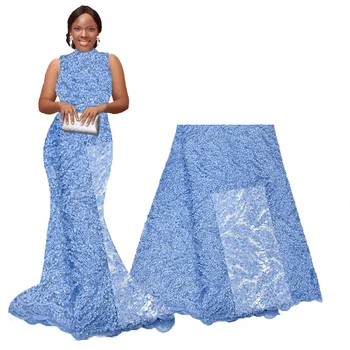 

Beautiful Power Blue Nigerian Lace with Beads Sequins 2020 Latest Tulle French Lace Fabric for Party Dresses