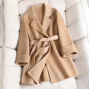 

Lace Business Suit Collar Short Coats For Women 2020 Autumn Winter Chic Wool Coat With Belt Elegant Solid Color Women Overcoats
