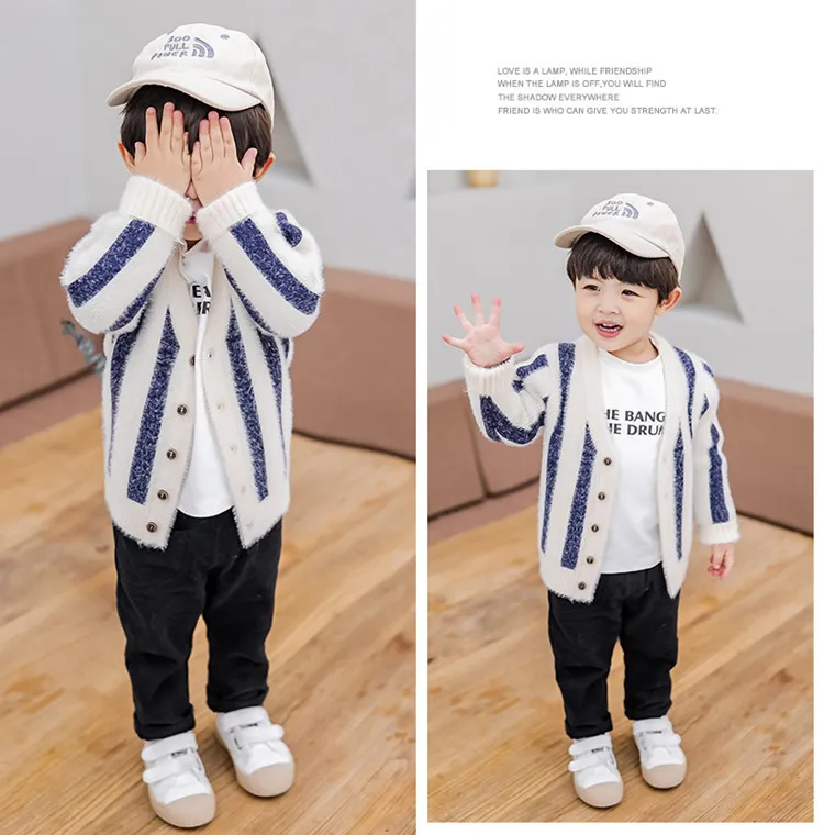 New Style Versatile Children Long Sleeve BOY'S Autumn Clothing Knitted Cardigan Children Stripes Mink Cashmere Sweater Fash