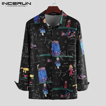 

INCERUN Fashion Men Casual Printed Shirt Lapel Long Sleeve 2020 Hawaiian Streetwear Korean Brand Shirts Men Party Blouse S-3XL