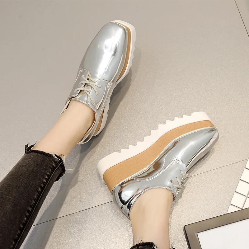 

2019 Spring New Style Silver Thick Bottomed Platform Shoes Women's Lace-up Slanted Heel Shoes Elevator Shoes England Style 763-8