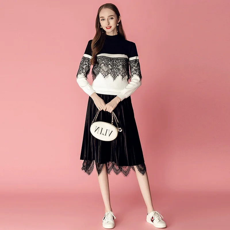 

2018 Autumn And Winter New Style Joint Contrast Color Sweater Sweater + Lace High-waisted Skirt by Age-Style Set