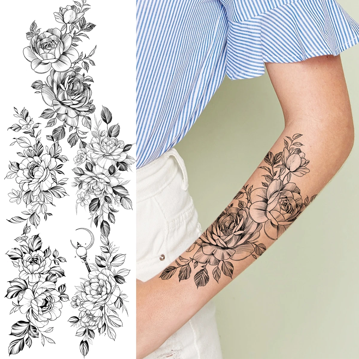 Black Rose Flower Fashion Forearm Temporary Tattoos For Women Adult Girl  Peony Moon Fake Tattoo Sticker Body Art Washable Tatoos - Temporary Tattoos  - AliExpress