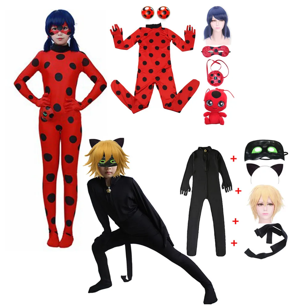 Christmas Fancy Lady Girls Costumes Bug Easter Cosplay Jumpsuit Black cat Children Spandex Costumes Bug for Kids Suits Wig Bag