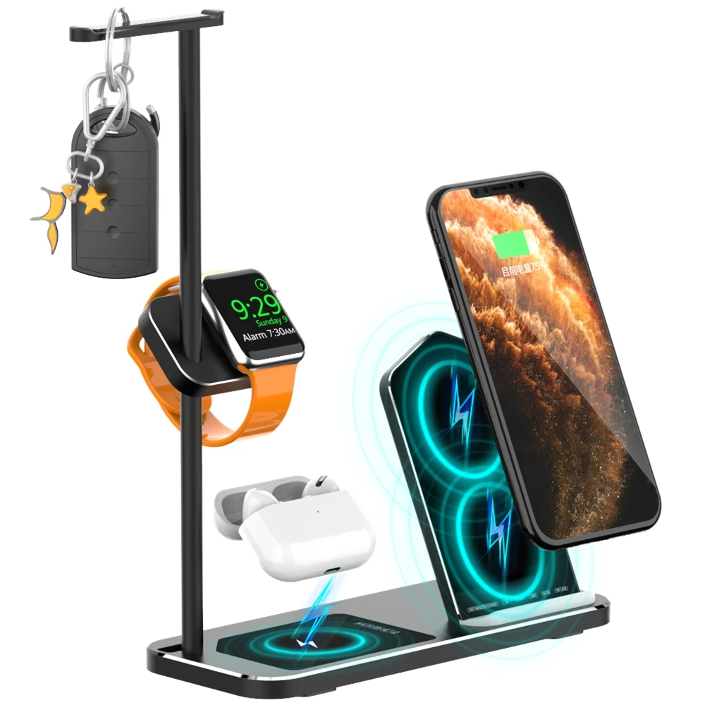

4 3 In 1 High-End Wireless Charger Stand For Airpods Pro iPhone iWatch Series 5 Aluminum Alloy Fast Wireless Charging Dock Base