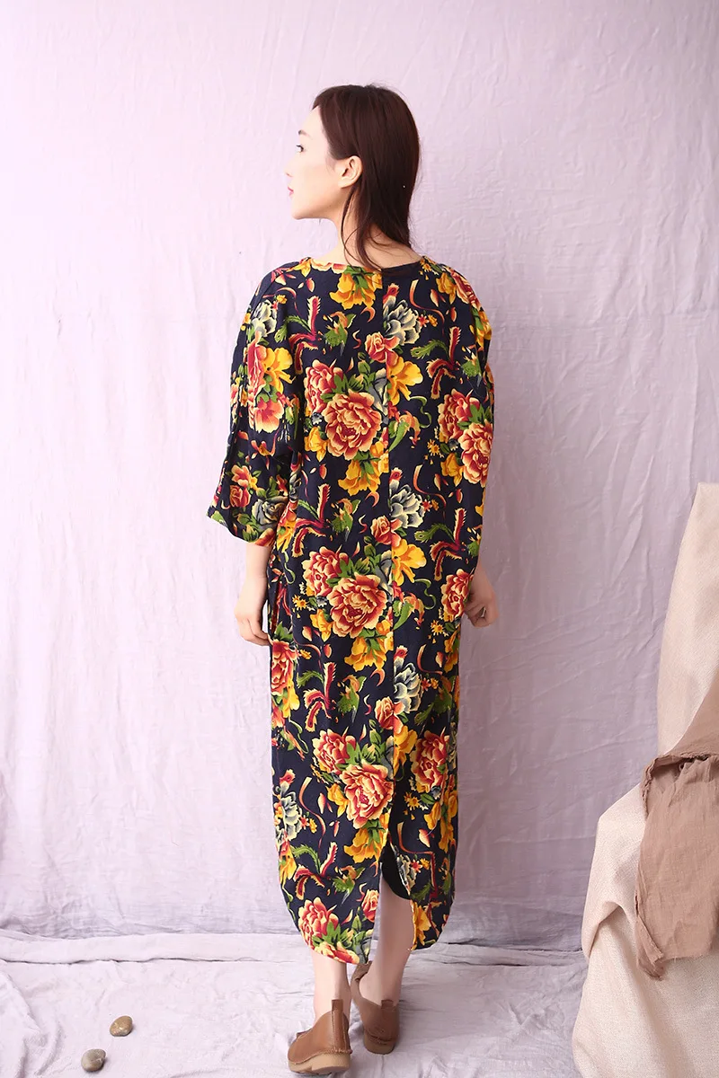 Runback/женское платье, окрашенное, Vestidos, хлопковое, льняное, халат, свободное платье большого размера, Ретро стиль, половина рукава, цветочный принт, женские платья