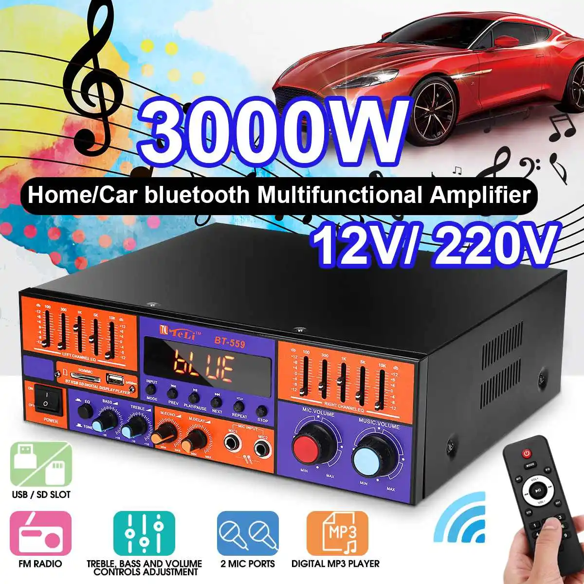 

3000W bluetooth Audio Power Amplifier Car Home Digital HIFI Stereo Amplifier USB FM SD with Remote Control 2 Channels Amplifiers