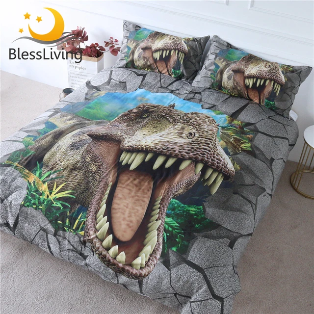 BlessLiving-Juego de cama de dinosaurio 3D, colchas de animales de miedo para niños y adolescentes, de cama de ladrillos agrietados, funda de edredón con dientes de Tiranosaurio - AliExpress