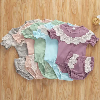 

Lovely Baby Girls Clothes Set Lace Short Sleeve Bodysuit Tops Shorts Pants Summer Casual Suit Two Piece Newborn Outfits 0-12M