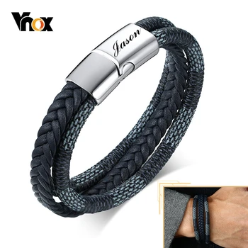 

Vnox Layered Leather Bangle for Men Customized Name Clasp Lowhey Braided Black Leather Wristband Bracelet Anniversary Gift