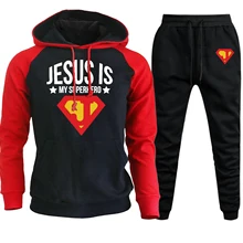 ^#Cheap Jesus Is Superhero Hoodies Mens Raglan Sweatshirts Autumn Winter Casual Hooded Suit Male Fleece Pullover+Sweatpants 2 Piece Set ^#Cheap Jesus Is Superhero Hoodies Mens Raglan Sweatshirts Autumn Winter Casual Hooded Suit Male Fleece Pullover+Sweatpants 2 Piece Set