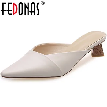 

FEDONAS Vintage Pointed Toe Women Mules Genuineleather Slingbacks High Heels Pumps Summer Fashion Party Working Shoes Woman Heel