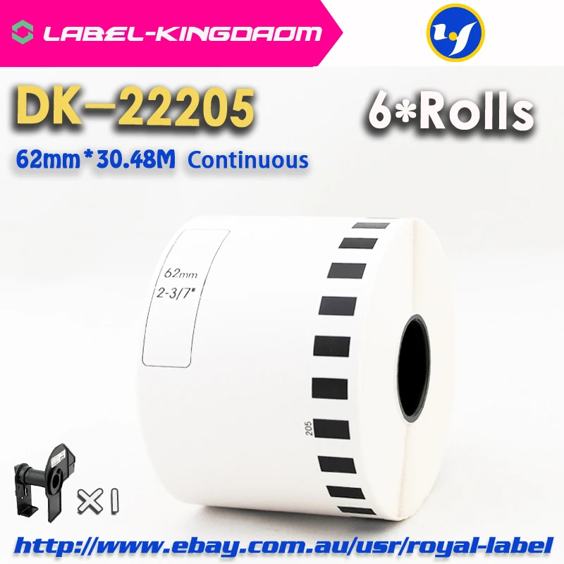 6 сменных рулонов, совместимых DK-22205 этикеткой 62 мм* 30,48 м, непрерывная Совместимость для устройство для печатания этикеток, белая бумага DK22205