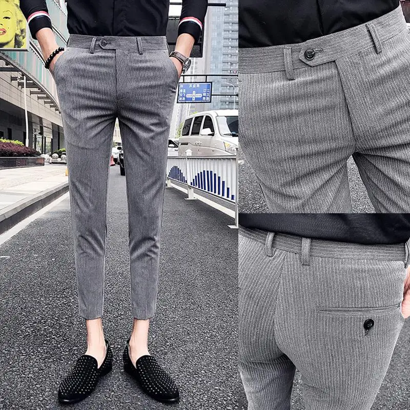 Длиной до лодыжки на лето Брюки мужской Однотонная одежда Формальное Бизнес Для мужчин брюки скинни брюки деловые штаны для Для мужчин - Цвет: Gray Striped Pants