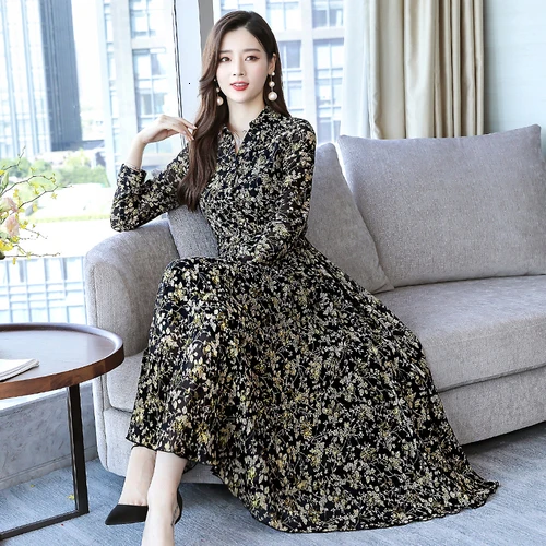 

2019 Early Autumn New Long Printed Chiffon Plus Size Women Dress Long Sleeve Office Lady Fashion Work Wear Elegant Casual Dresse