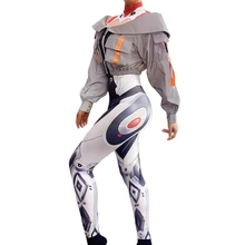 

Robot Role Playing Stage Clothes Women Christmas Party Punk Steam Style Gray Printed Stretch Bodysuits Fluorescent Jacket