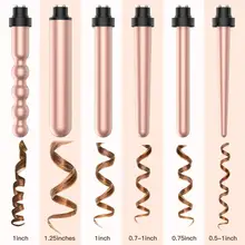 6 in 1 Curling Hair Iron Wand Set Temperature Adjustable with 6 Interchangeable Ceramic Conical Spiral Rose Golden Hair Curlers