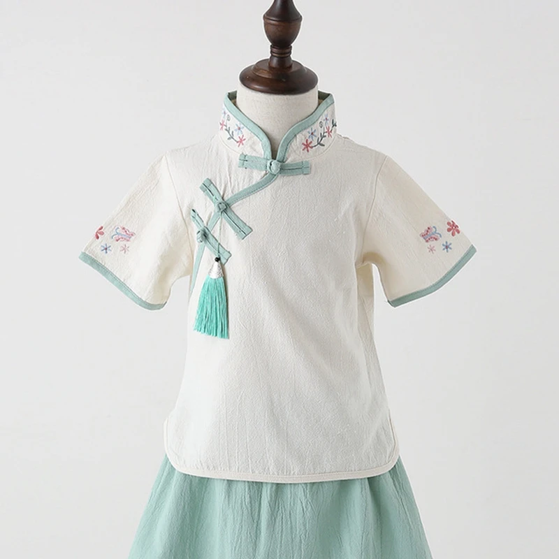 Детская летняя куртка с вышивкой; Hanfu; костюм для девочек; cheongsam; Улучшенная юбка Hanfu; детская одежда в национальном стиле для девочек