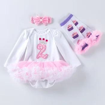 

3PCs per Set Long Sleeves Hot Pink White Baby Girls 2nd Birthday Crown Dress Outfit Headband Leggings