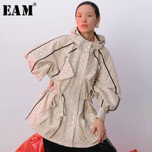 [EAM] Женский Тренч в горошек с завязками, новинка, с отворотом, длинный рукав, свободный крой, ветровка, мода, Осень-зима, 1B746