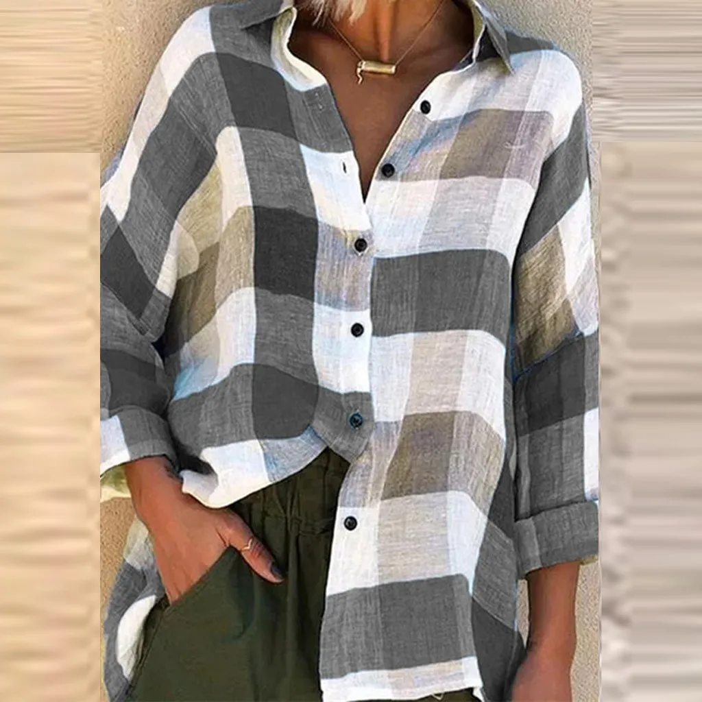 Blusa de manga larga holgada para mujer, camisa elegante con estampado a cuadros y botones, #40