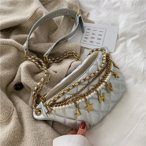 Small Bag Women New Fashion Korean Versatile Messenger Bag Pearl Chain Waist Bag Gold Letter Tassel Chest Bag Nightclub Bag - Цвет: Серебристый