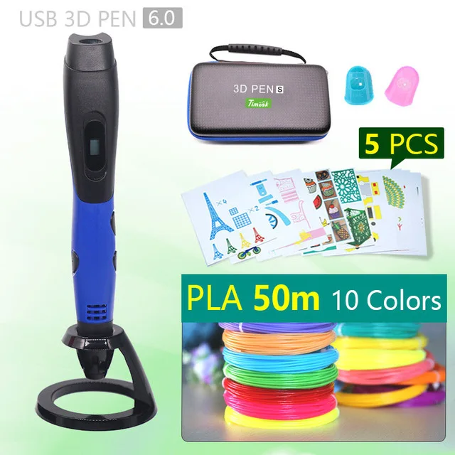 Sell well/3D ручка с PLA нити Дети diy Рисунок пером, 5V 2A usb адаптер переменного тока, oled дисплей креативные образования, можете использовать power bank - Цвет: Blue pen and 50m