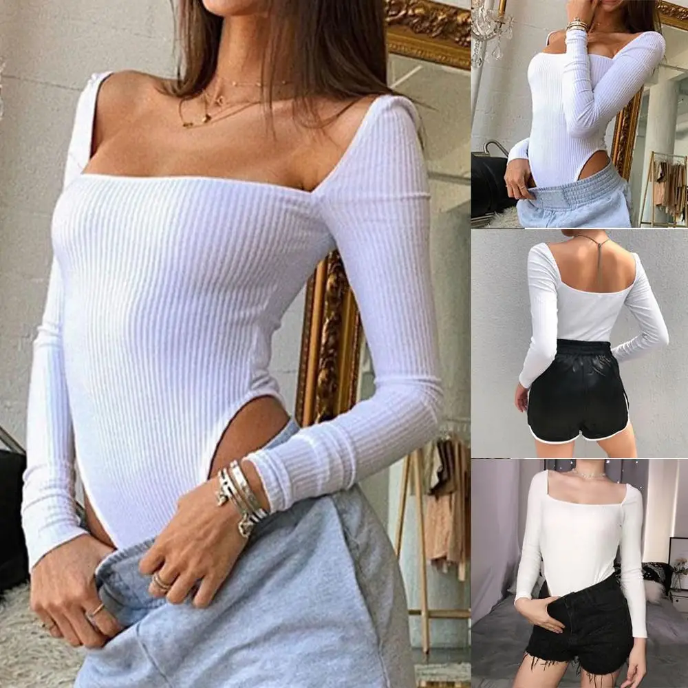 

2019 Moda Outono Inverno Sexy Ladies Jumpsuit Fashion Women Solid White Square Neck Long Sleeve Backless Casual Jumpsuits YE
