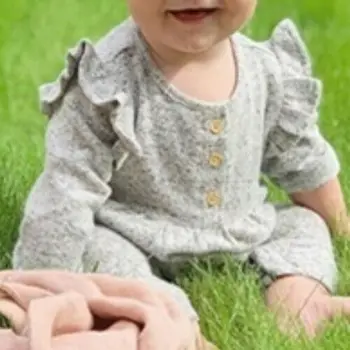 

Pudcoco Newborn Kids Baby Boy Girl Romper Casual Clothes Cotton Button Knited Long Sleeve Ruffles Grey Jumper Jumpsuit Outfit