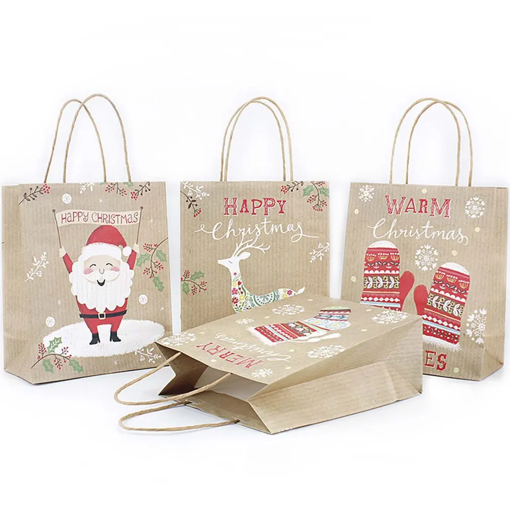 

Christmas Gift Bag Paper Bag Kraft Carry Bag Square Bottom with Delicate Christmas Elements Pattern Bright Colors