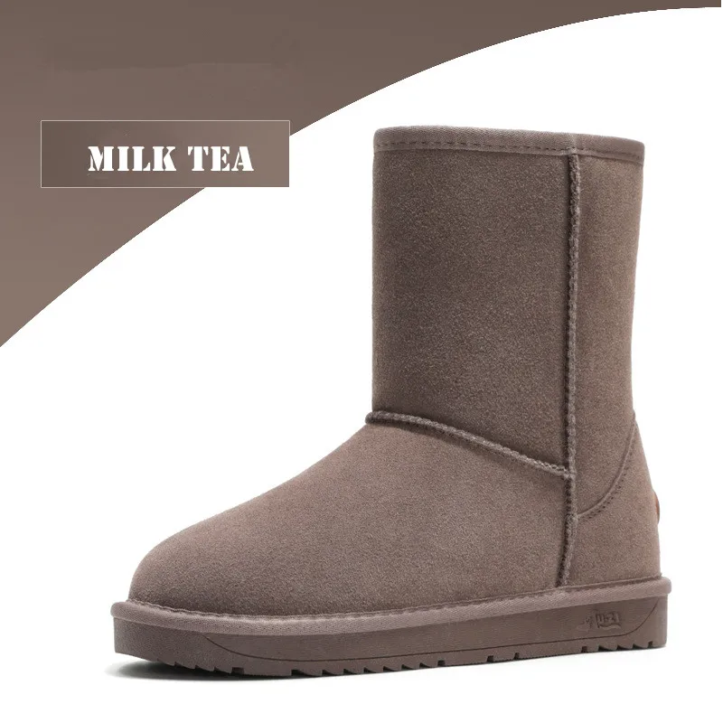 milk tea Ботинки; женские зимние ботинки; Новинка года; Сезон Зима; женские замшевые ботинки из коровьей кожи на платформе с толстым плюшем и мехом; нескользящие водонепроницаемые ботинки на резиновой подошве - Цвет: milk tea