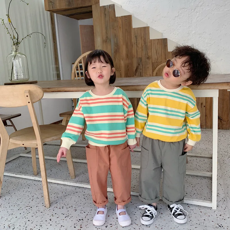 Owligbaby/ г. Новинка; футболка в полоску для мальчиков и девочек; Весенняя Модная хлопковая Детская толстовка с длинными рукавами для детей от 1 до 7 лет