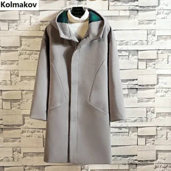 

2019 Winter new Men's Long wool coat hooded casual woolen overcoat high quality pure colour zipper trenchcoat for men